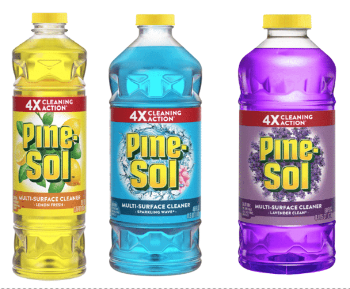 3 different colours of pine sol